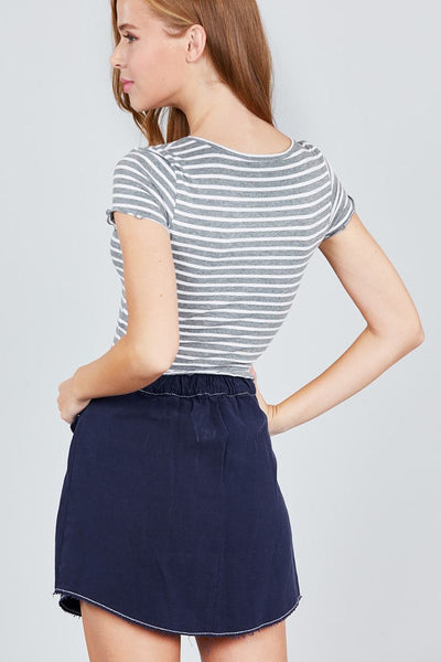 Short Sleeve Round Neck Lettuce Hem Stripe Jersey Cotton Spandex Top