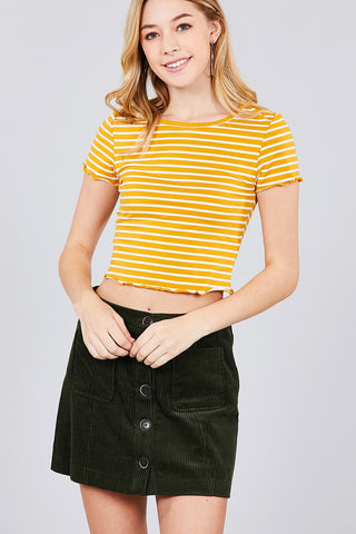 Short Sleeve Round Neck Lettuce Hem Stripe Jersey Cotton Spandex Top