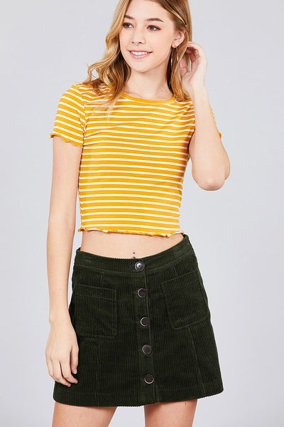 Short Sleeve Round Neck Lettuce Hem Stripe Jersey Cotton Spandex Top