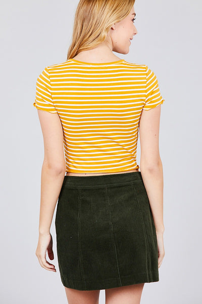 Short Sleeve Round Neck Lettuce Hem Stripe Jersey Cotton Spandex Top