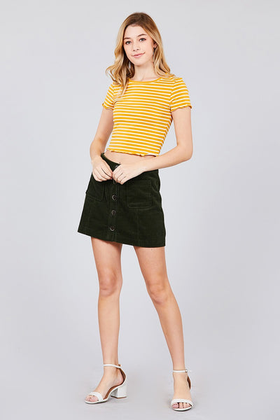 Short Sleeve Round Neck Lettuce Hem Stripe Jersey Cotton Spandex Top