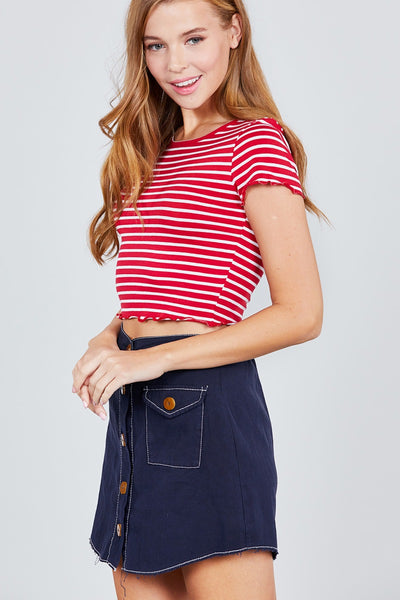 Short Sleeve Round Neck Lettuce Hem Stripe Jersey Cotton Spandex Top