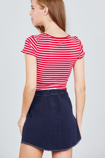 Short Sleeve Round Neck Lettuce Hem Stripe Jersey Cotton Spandex Top