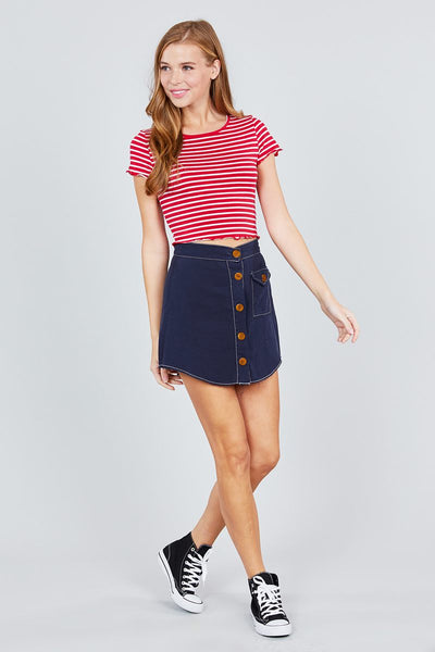 Short Sleeve Round Neck Lettuce Hem Stripe Jersey Cotton Spandex Top