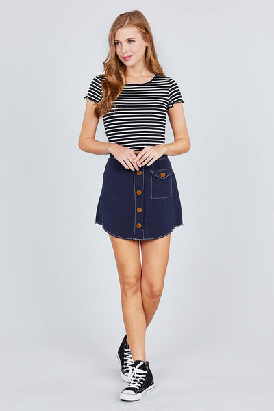 Short Sleeve Round Neck Lettuce Hem Stripe Jersey Cotton Spandex Top