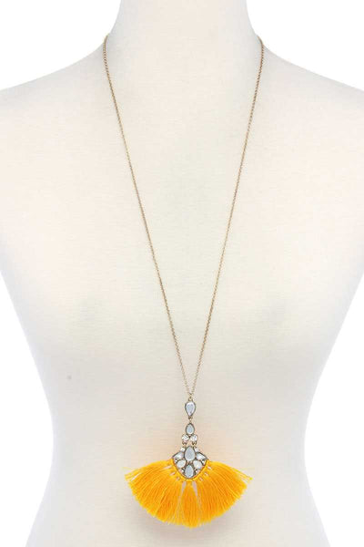 Rhinestone Teardrop Shape Fan Tassel Pendant Necklace