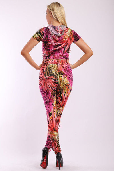 Leaf Print And Striped Side Contrast 2 Pieces Set Includes A Hooded Cropped Top With Short Sleeves And A High Waist Full Leggings