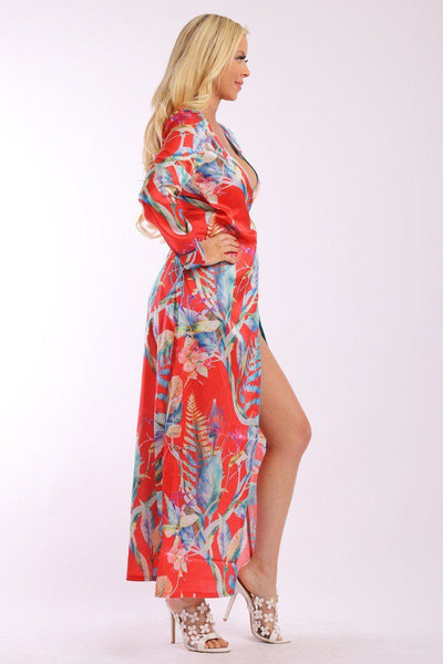 Floral Print, Wrapped, Kimono Style, Satin Dress With Long Sleeves, High Front Slit And Decorative Trimming