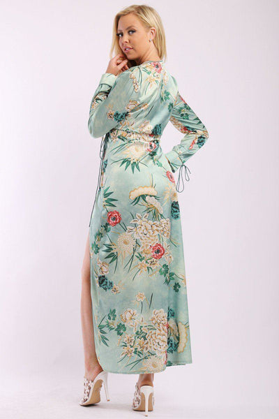 Floral Print, Wrapped, Kimono Style, Satin Dress With Long Sleeves, High Front Slit And Decorative Trimming