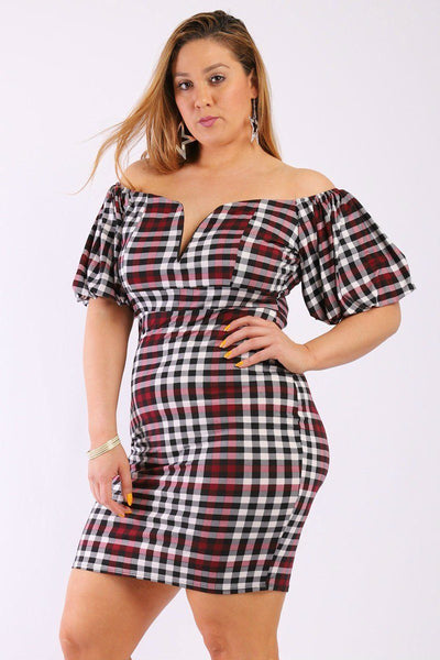 Plaid Short Dress With Bubble, Puff, Off The Shoulder Short Sleeves And V Neck Design