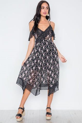 Multi Floral Polka Dot Print Flounce Midi Dress