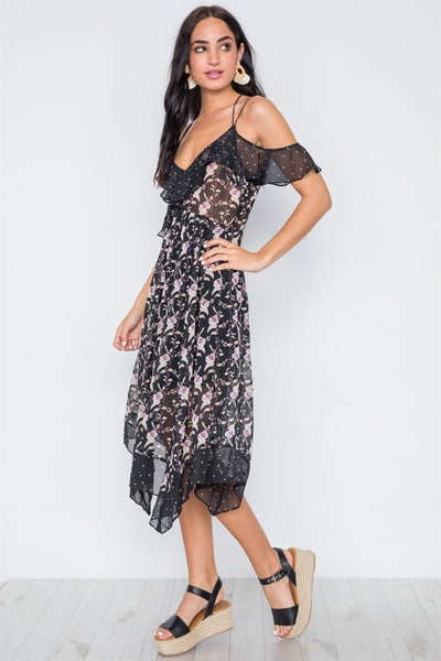 Multi Floral Polka Dot Print Flounce Midi Dress