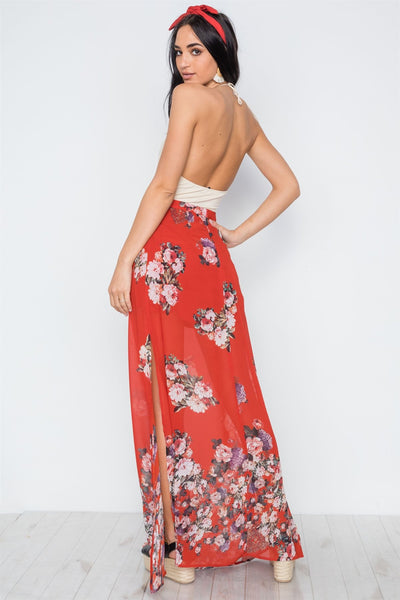 Red Multi Floral Print Side Slits High-waist Maxi Skirt