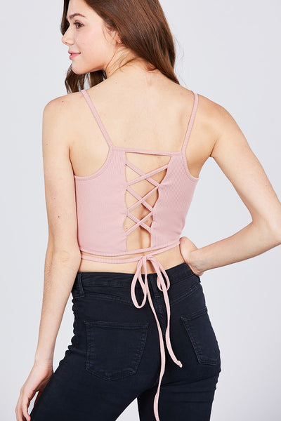 Scoop Neck W/back Cross Strap Detail Waist Self Tie Ribbed Cotton Spandex Crop Top