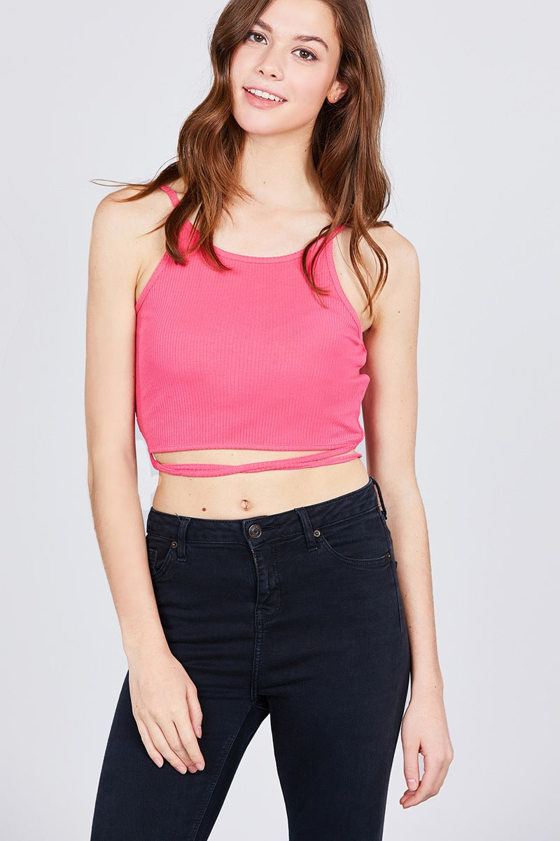 Scoop Neck W/back Cross Strap Detail Waist Self Tie Ribbed Cotton Spandex Crop Top