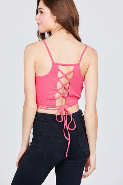 Scoop Neck W/back Cross Strap Detail Waist Self Tie Ribbed Cotton Spandex Crop Top