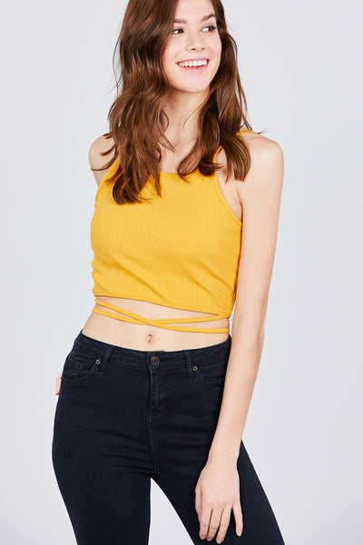 Scoop Neck W/back Cross Strap Detail Waist Self Tie Ribbed Cotton Spandex Crop Top