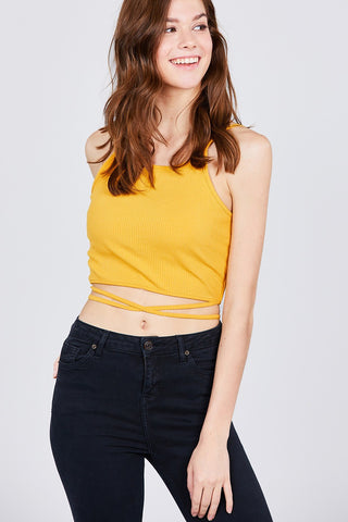 Scoop Neck W/back Cross Strap Detail Waist Self Tie Ribbed Cotton Spandex Crop Top