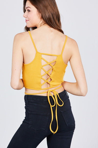 Scoop Neck W/back Cross Strap Detail Waist Self Tie Ribbed Cotton Spandex Crop Top