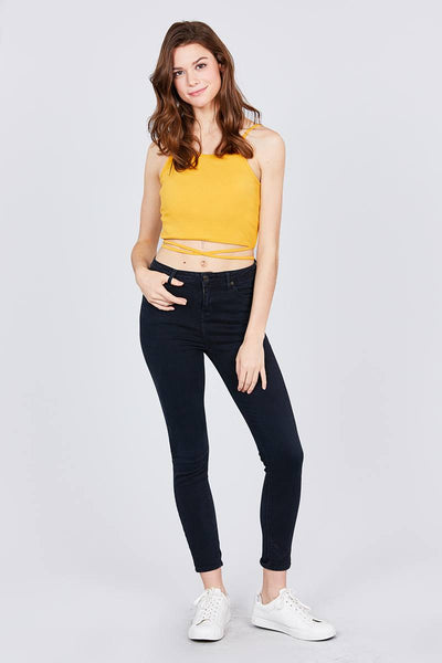 Scoop Neck W/back Cross Strap Detail Waist Self Tie Ribbed Cotton Spandex Crop Top