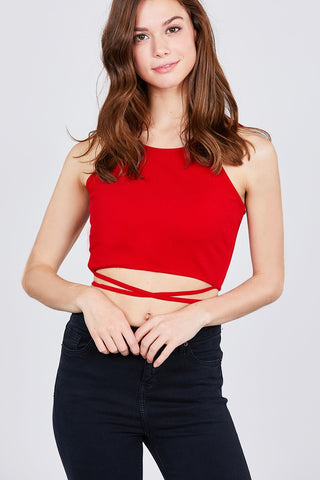 Scoop Neck W/back Cross Strap Detail Waist Self Tie Ribbed Cotton Spandex Crop Top
