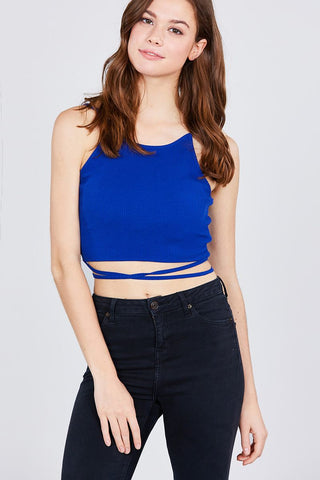 Scoop Neck W/back Cross Strap Detail Waist Self Tie Ribbed Cotton Spandex Crop Top