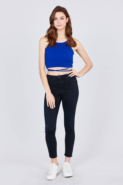 Scoop Neck W/back Cross Strap Detail Waist Self Tie Ribbed Cotton Spandex Crop Top