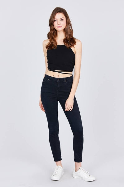 Scoop Neck W/back Cross Strap Detail Waist Self Tie Ribbed Cotton Spandex Crop Top