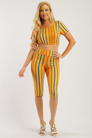 Pin Striped, 3 Piece Top, Capri Legging And Scarf Set