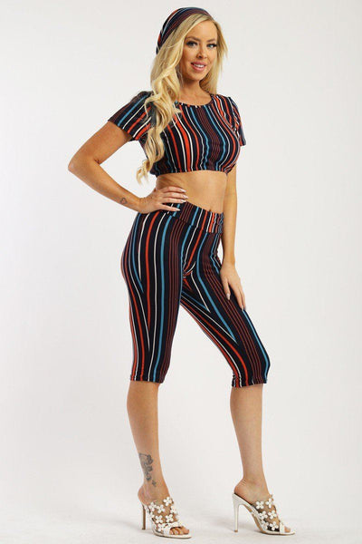 Pin Striped, 3 Piece Top, Capri Legging And Scarf Set