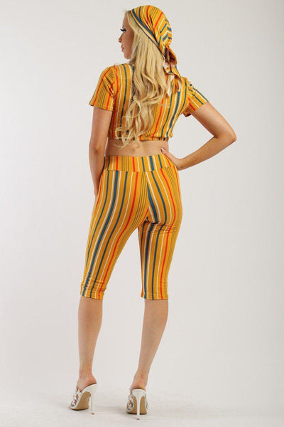 Pin Striped, 3 Piece Top, Capri Legging And Scarf Set