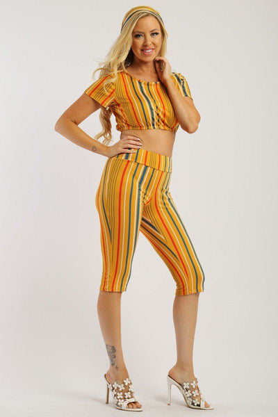 Pin Striped, 3 Piece Top, Capri Legging And Scarf Set
