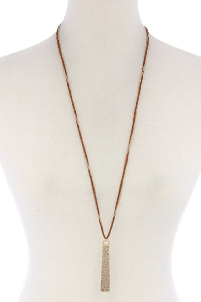 Hammered Metal Bar Pendant Suede Necklace