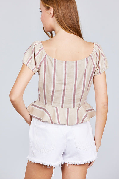 Short Sleeve Button Down Ruffle Hem Print Linen Woven Top