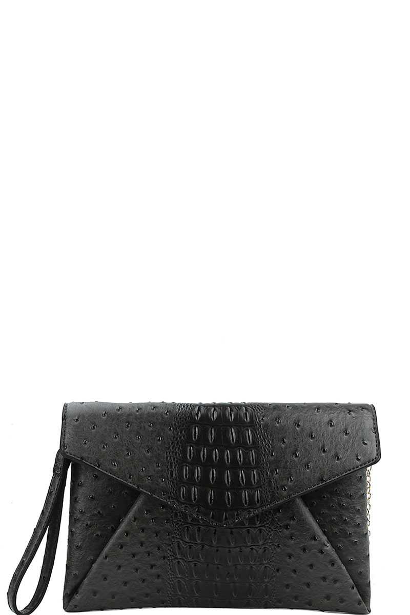 Designer Croc Texture Envelope Clutch With Chain