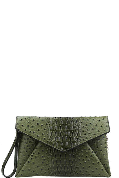 Designer Croc Texture Envelope Clutch With Chain