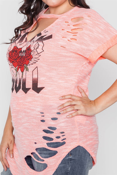 Plus Size Rock And Roll Graphic Cut-out Top