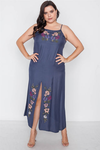 Plus Size Navy Cami Floral Embroidery Boho Maxi Dress