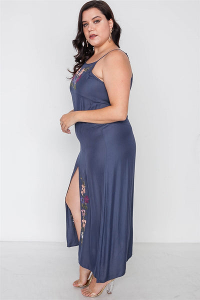 Plus Size Navy Cami Floral Embroidery Boho Maxi Dress