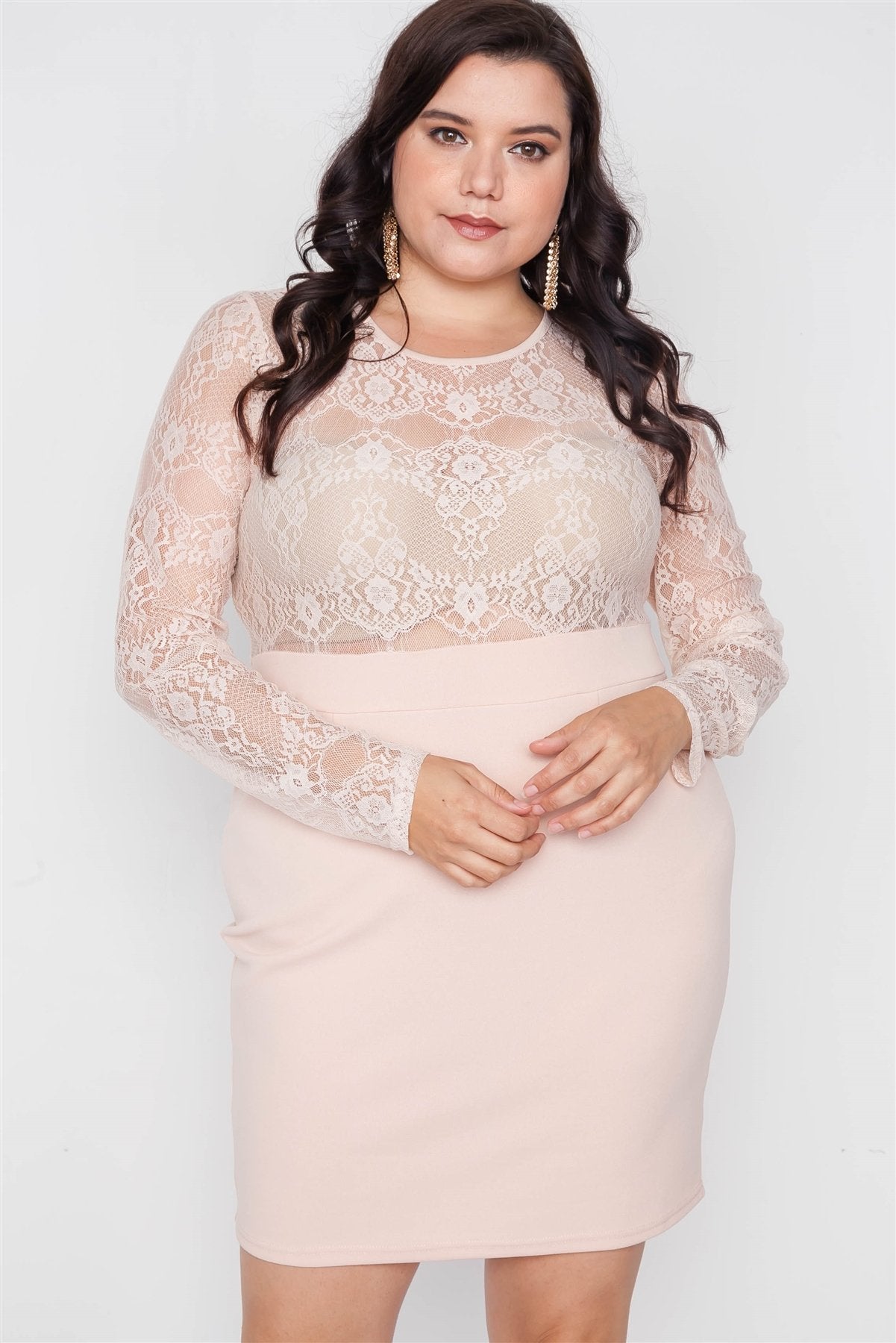 Plus Size Combo Lace Long Sleeve Dress