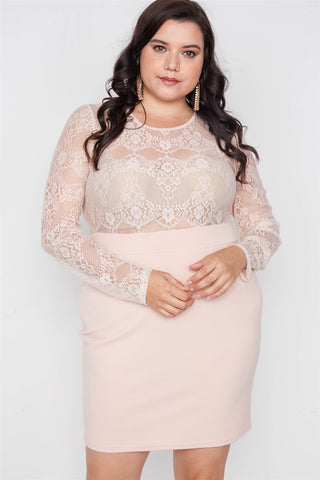 Plus Size Combo Lace Long Sleeve Dress