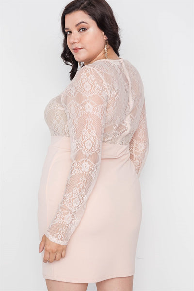 Plus Size Combo Lace Long Sleeve Dress