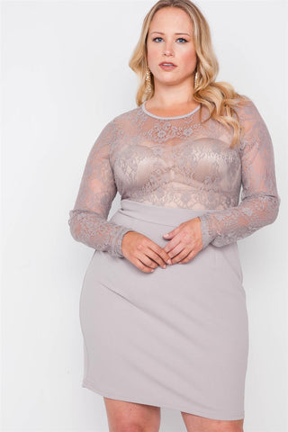 Plus Size Combo Lace Long Sleeve Dress