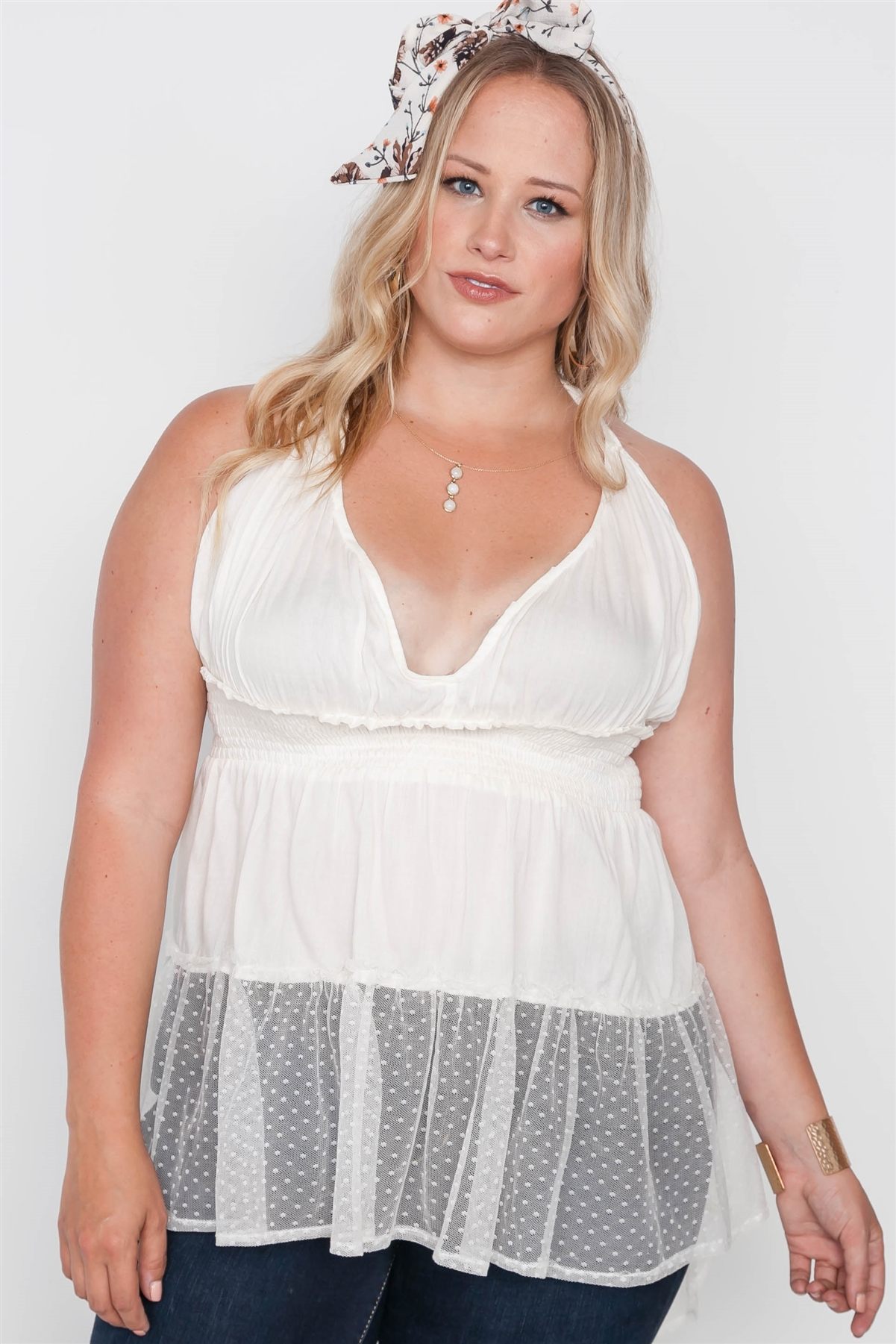 Plus Size Smocked Combo Mesh Top