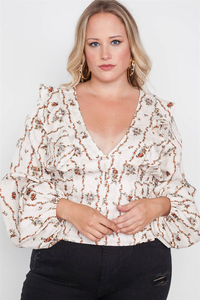 Plus Size Floral V-neck Ruffle Long Sleeve Top