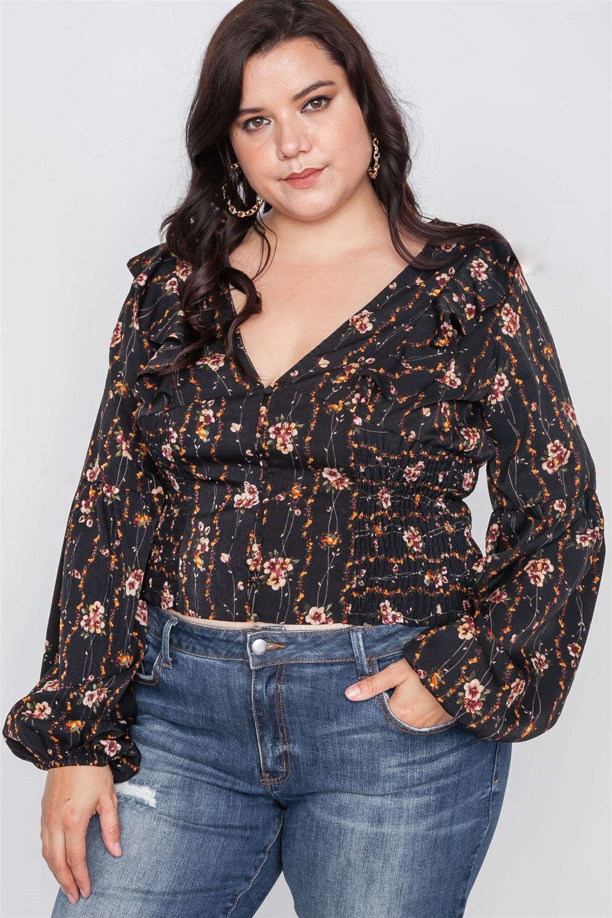 Plus Size Floral V-neck Ruffle Long Sleeve Top