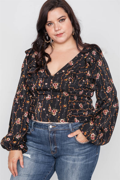 Plus Size Floral V-neck Ruffle Long Sleeve Top