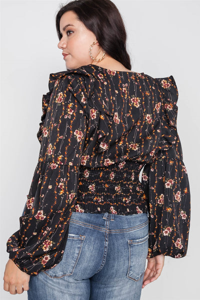 Plus Size Floral V-neck Ruffle Long Sleeve Top