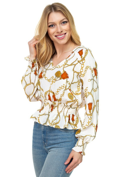 Long Sleeve Baroque & Chain Print Top