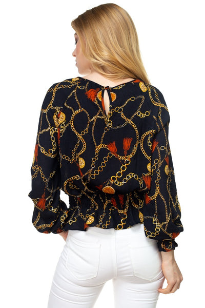 Long Sleeve Baroque & Chain Print Top